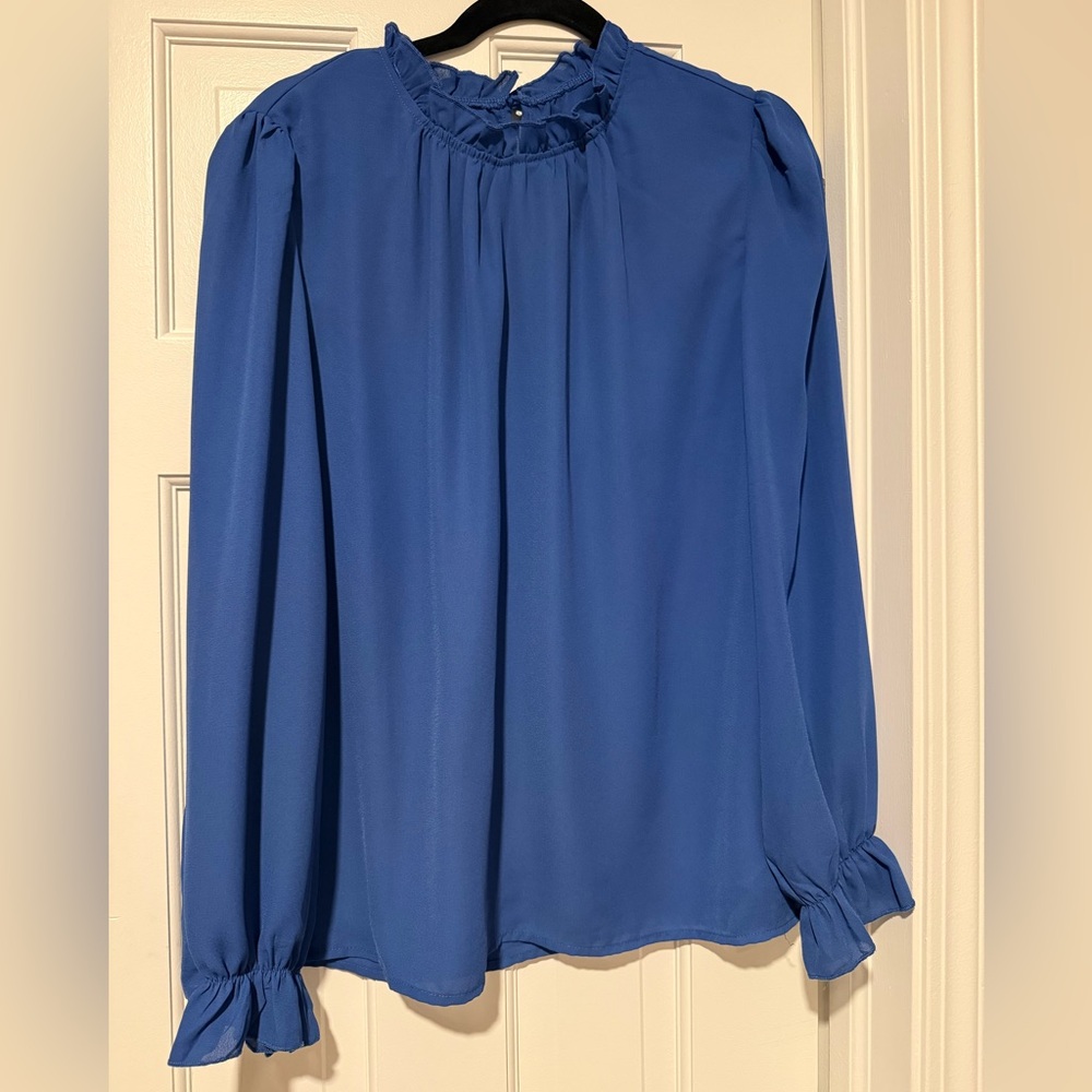 Cobalt Blue Smocked Neck Ruffle Cuff Blouse Women’s Large Long Sleeve Top